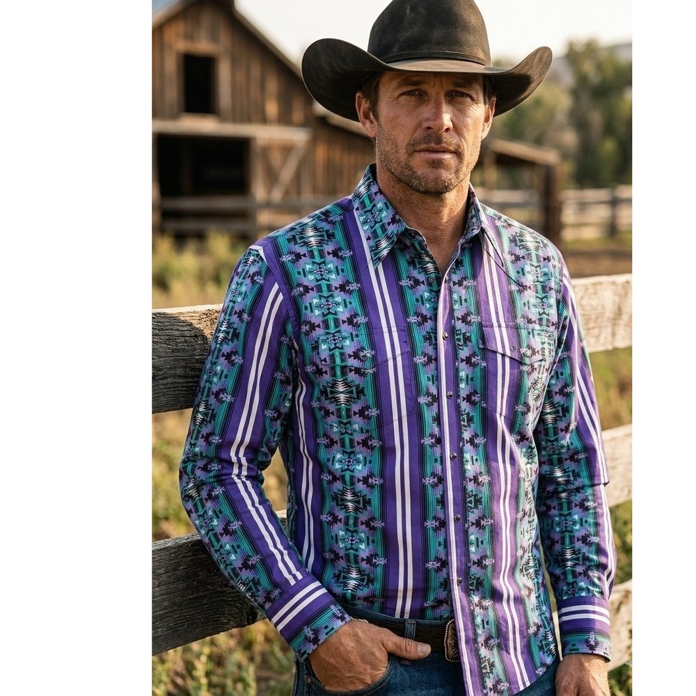Wrangler Checotah Western Pearl Snap Shirt Mens M Purple Aztec Southwestern NEW